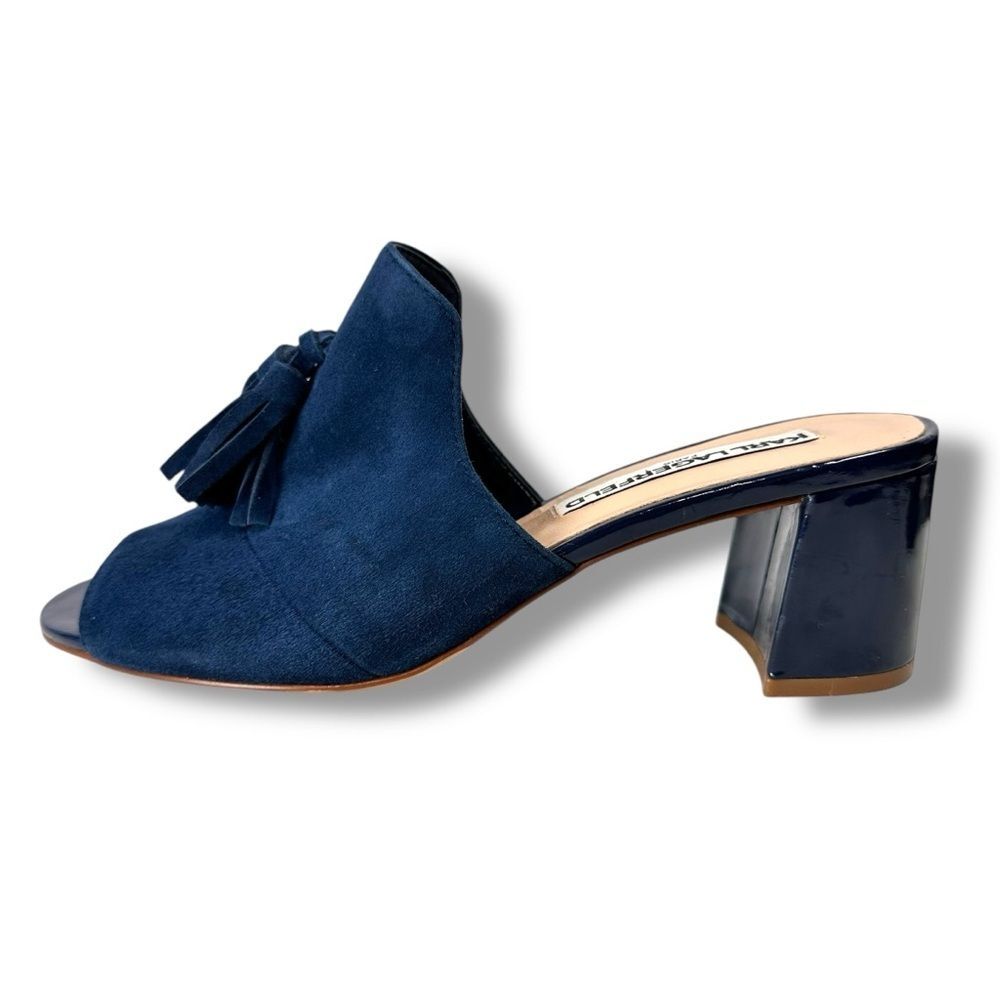 Karl Lagerfeld Hettie Suede Tassel Mules Navy Blue Heels Size 6.5 Parisian Chic
